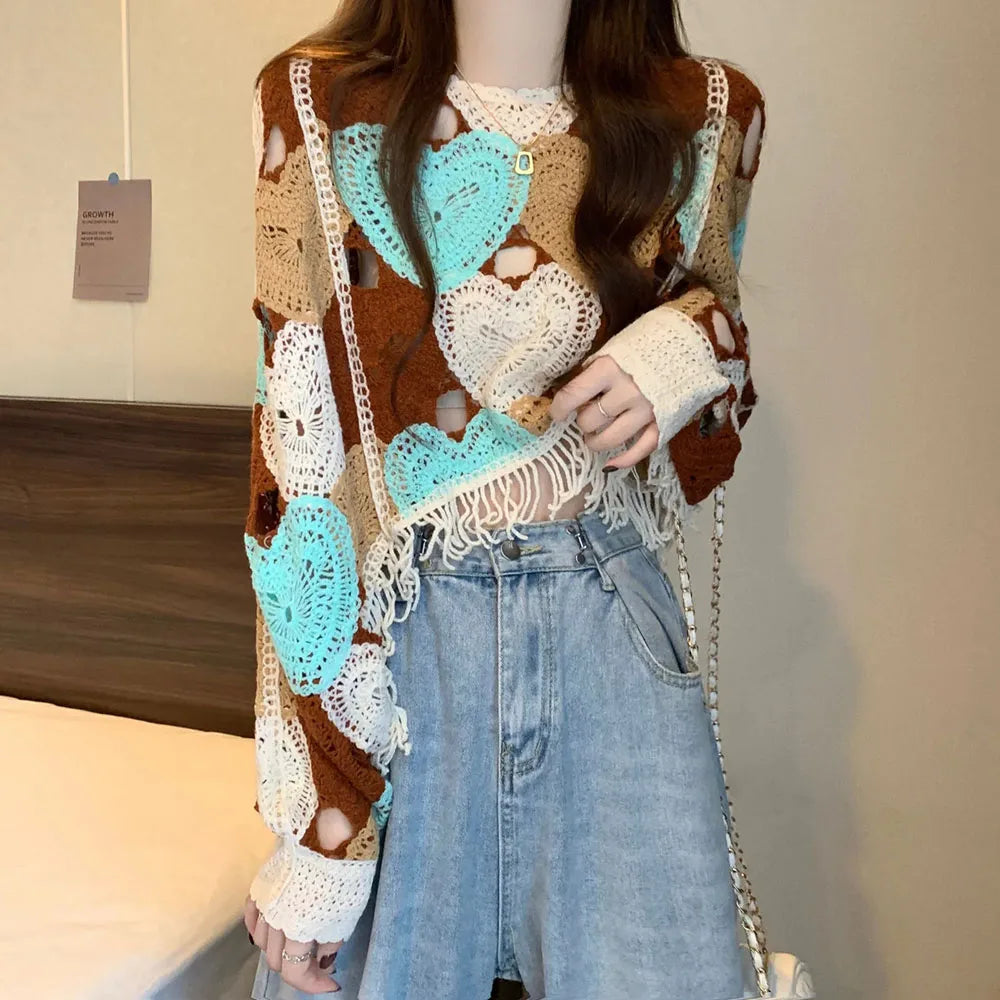 Vintage Hollow-Out Sweater – O-Neck Tassel Long Sleeve Knit Top