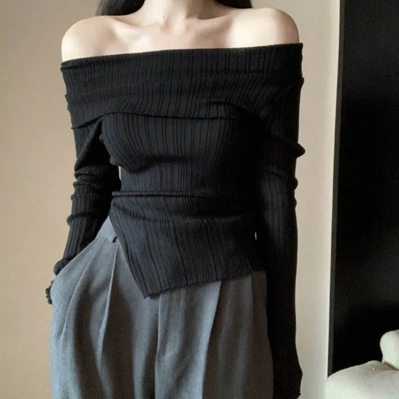 Split Irregular Off-Shoulder Top – Black Long Sleeve Sweater