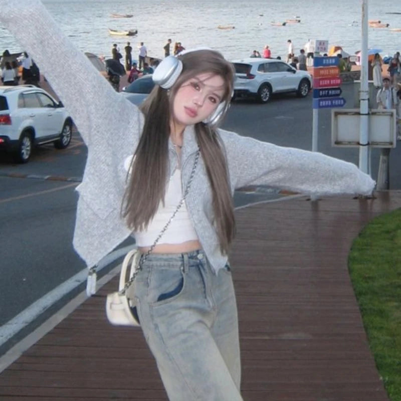 Vintage Grey Zip-Up Knit Cardigan – Cropped Loose Fit Streetwear