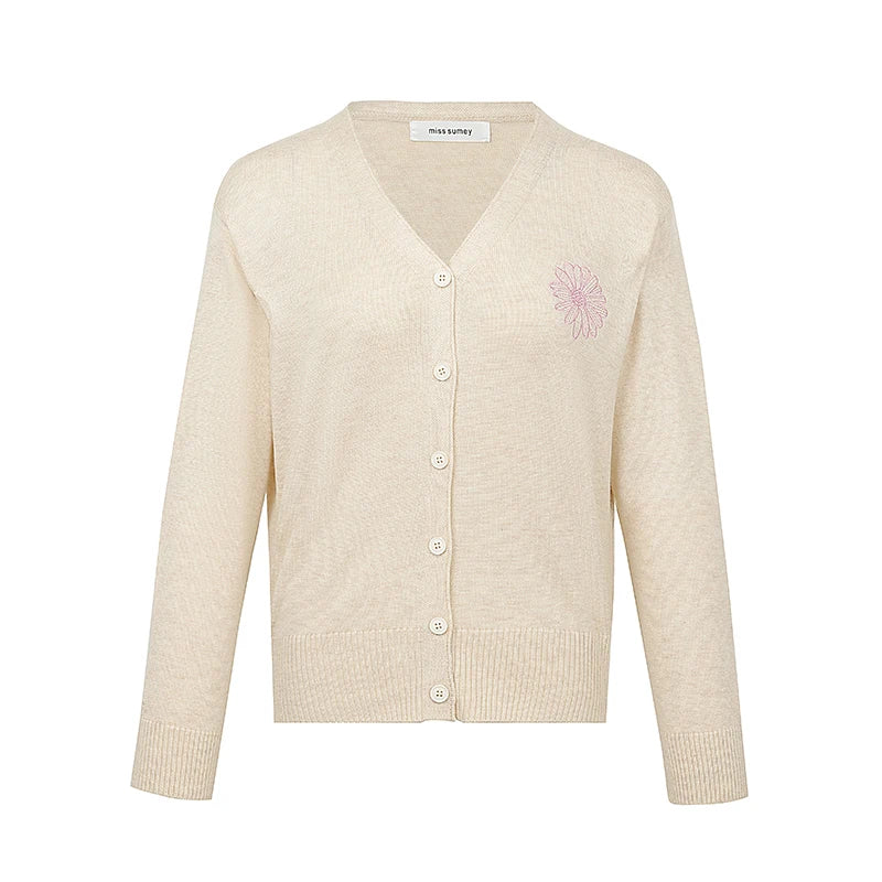 Knitted Cardigan Sweater – Long Sleeve, Embroidery Detail