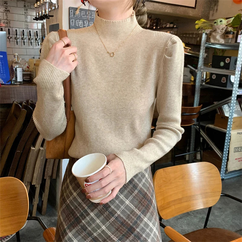 Puff Sleeve Knit Sweater – Half-High Collar, Loose Fit