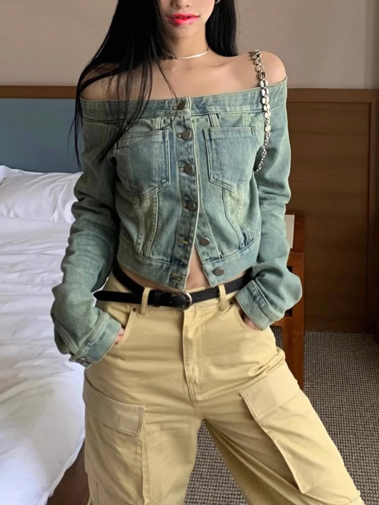 Off-Shoulder Button Jean Shirt – Casual Denim Style