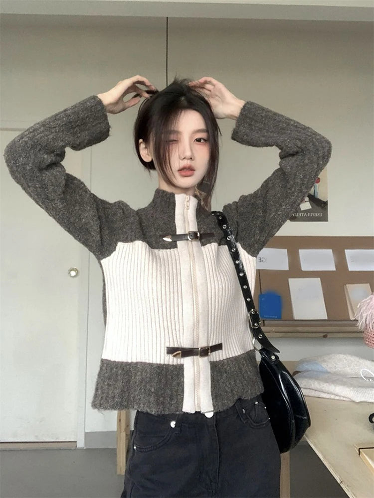 Patchwork Knit Cardigan – Casual Streetwear V-Neck Top