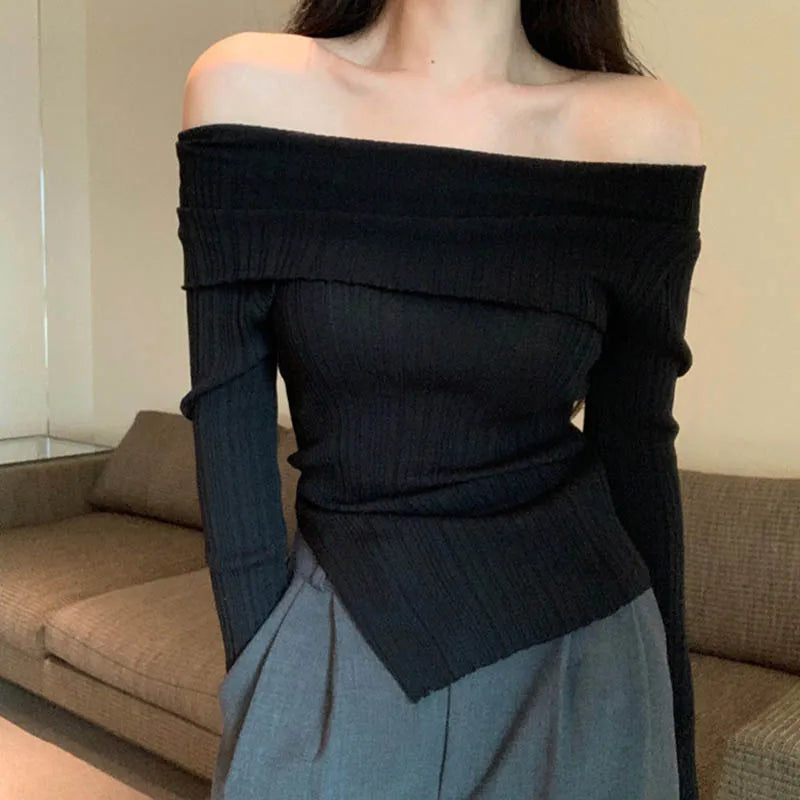 Split Irregular Off-Shoulder Top – Black Long Sleeve Sweater