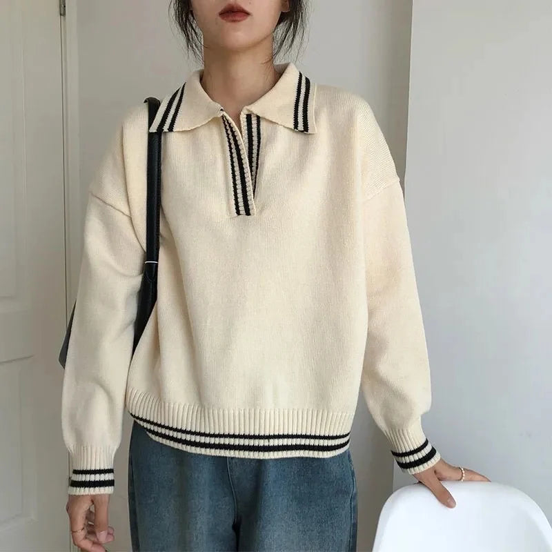 College-Style V-Neck Knit Sweater