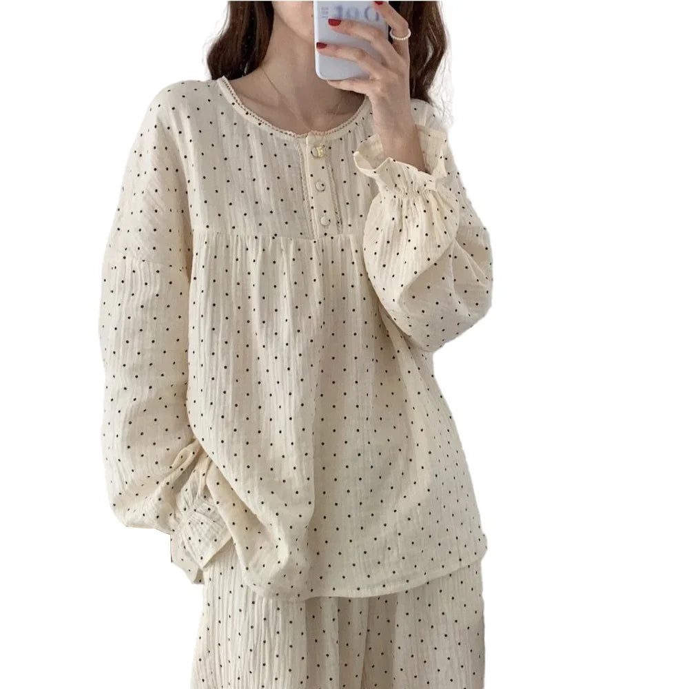 Polka Dot Long Sleeve Pajama Set – Two-Piece Nightwear