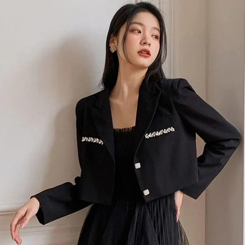 Crystal Decor Wool Blazer – Notched Collar