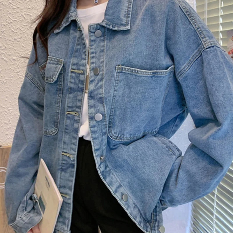 Loose Blue Denim Coat – Long Sleeve Casual Fit