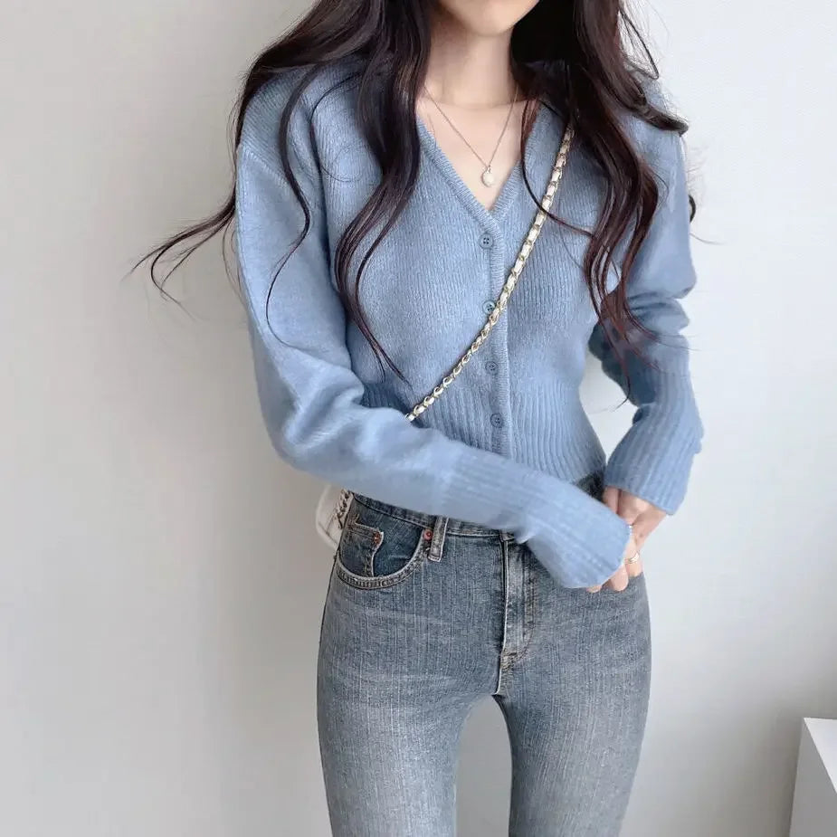 Retro Long Knit Cardigan – Slim Cropped Streetwear
