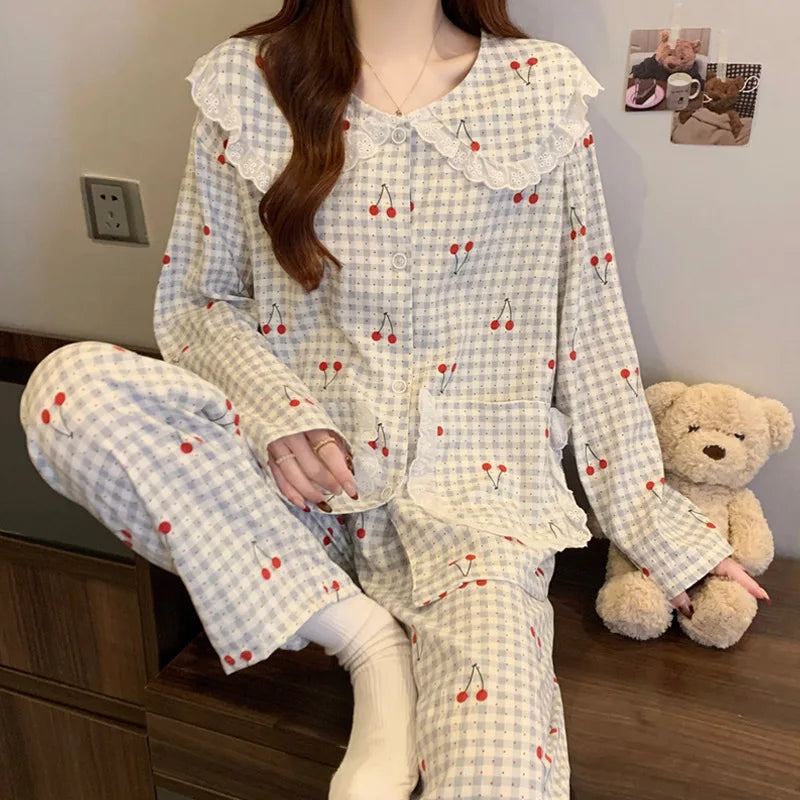 Cute Cherry Pajama Set – Long Sleeve Lapel Top & Pants, Cozy Loungewear