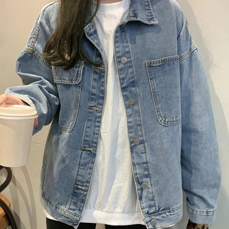 Loose Blue Denim Coat – Long Sleeve Casual Fit