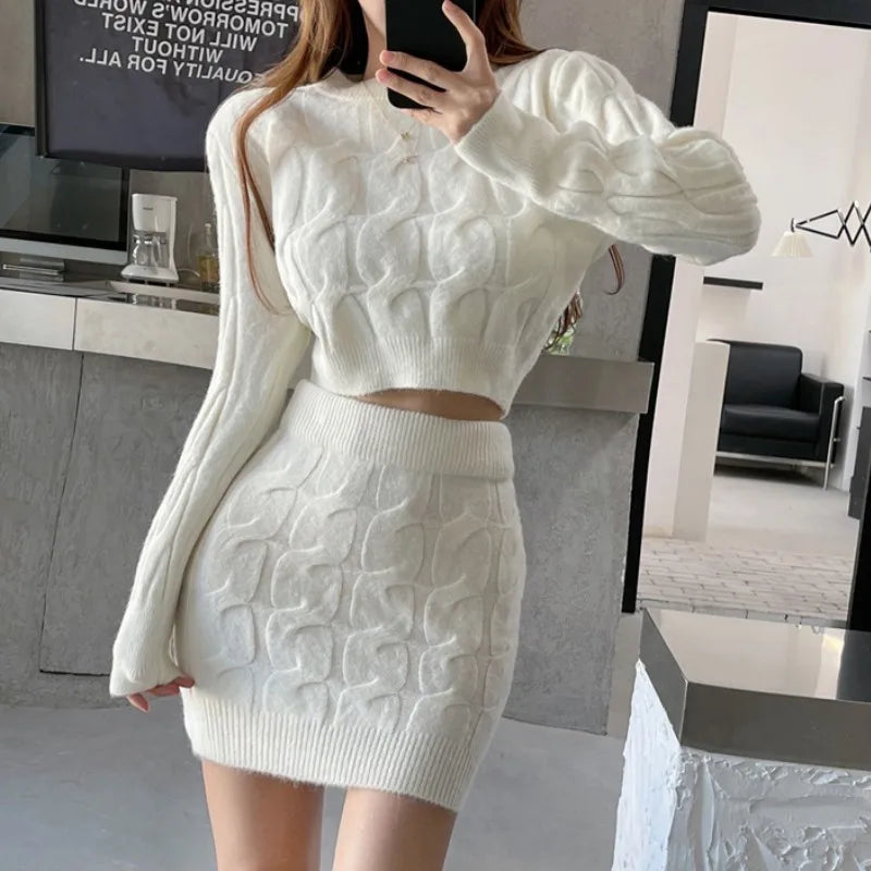 Knitted Two-Piece Set – O Neck Sweater Crop Top + Mini Skirt