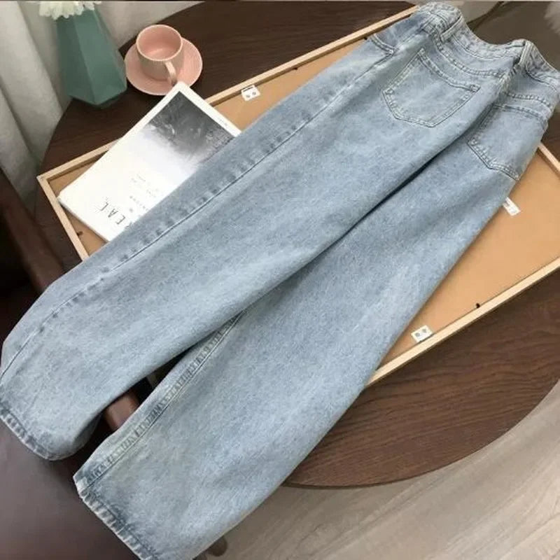 Light Blue Denim Trousers – Vintage Wide Leg Straight Long Pants with Belt