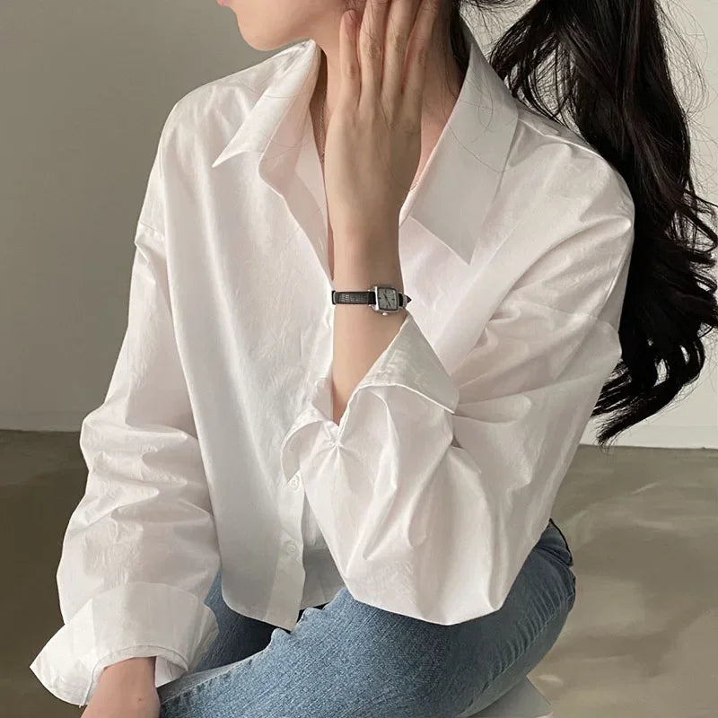 Long Sleeve White Shirt – Button Back Split Crop Design