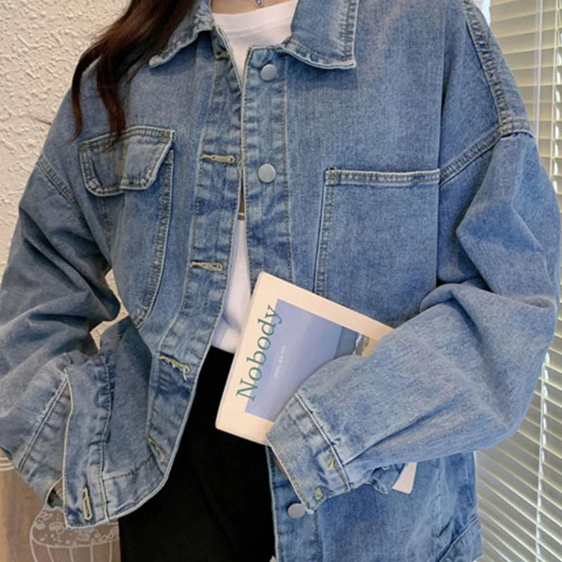 Loose Blue Denim Coat – Long Sleeve Casual Fit