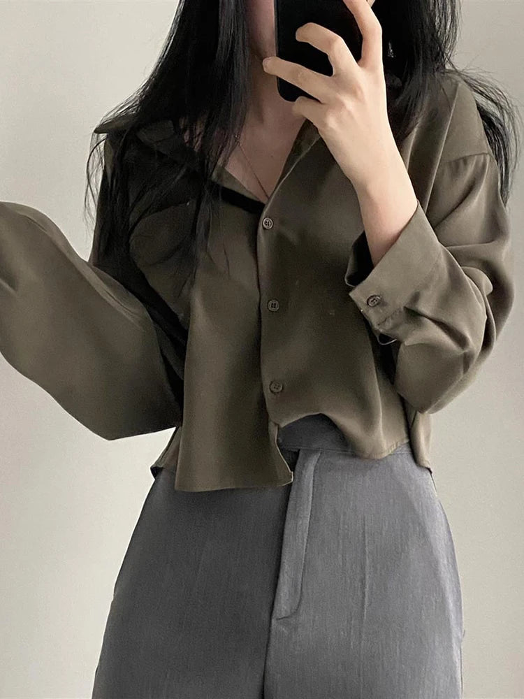 Solid Long Sleeve Button-Up Blouse – Chiffon & Short Style