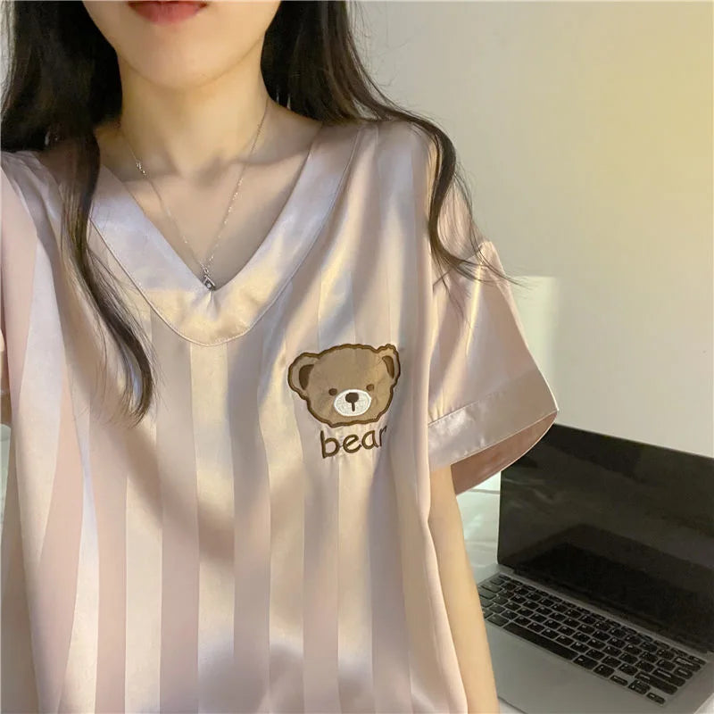 Bear Satin Pajama Set – Short-Sleeve Top & Shorts, Cute Sleepwear