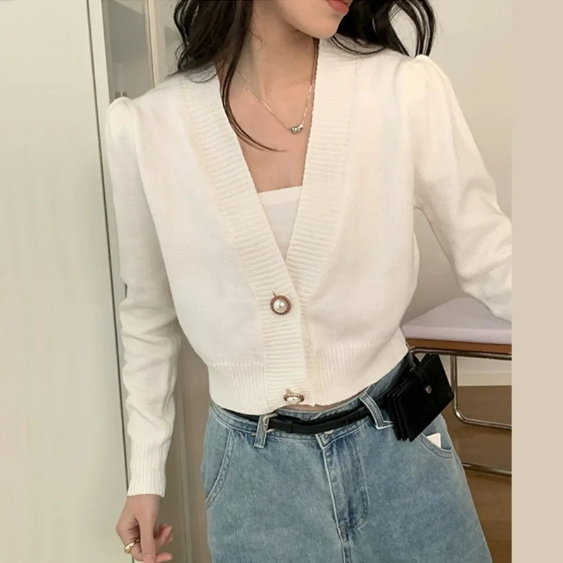 Lantern Sleeve Cardigan – Button V-Neck Knit Top