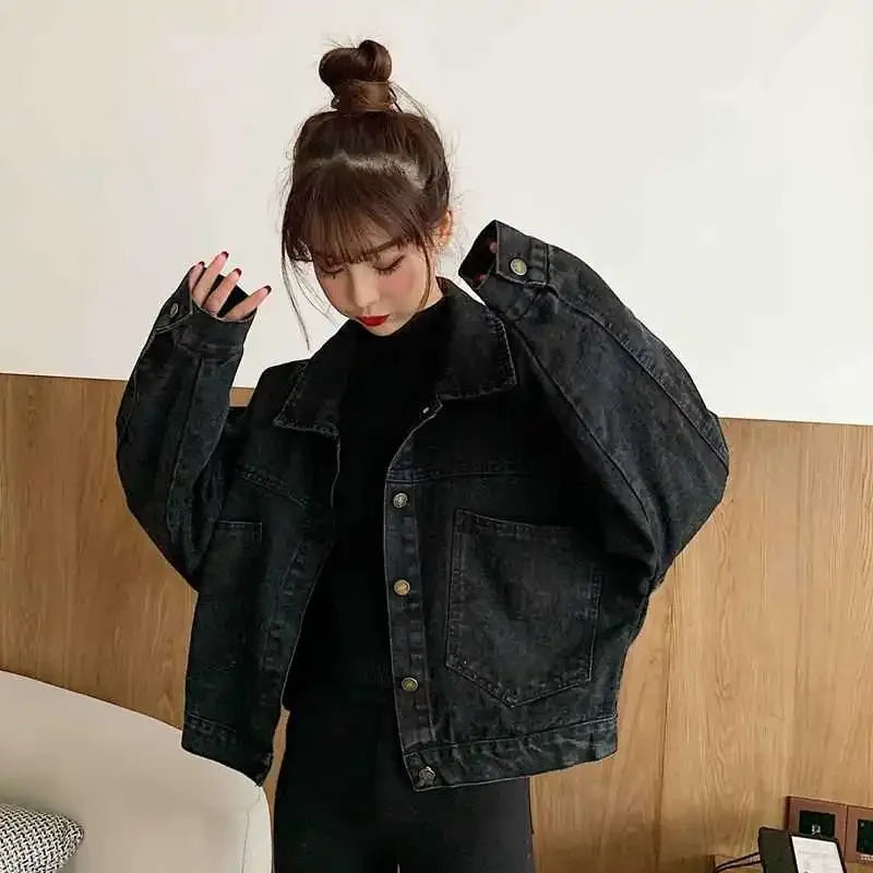 Short Black Denim Jacket – Retro Washed Look