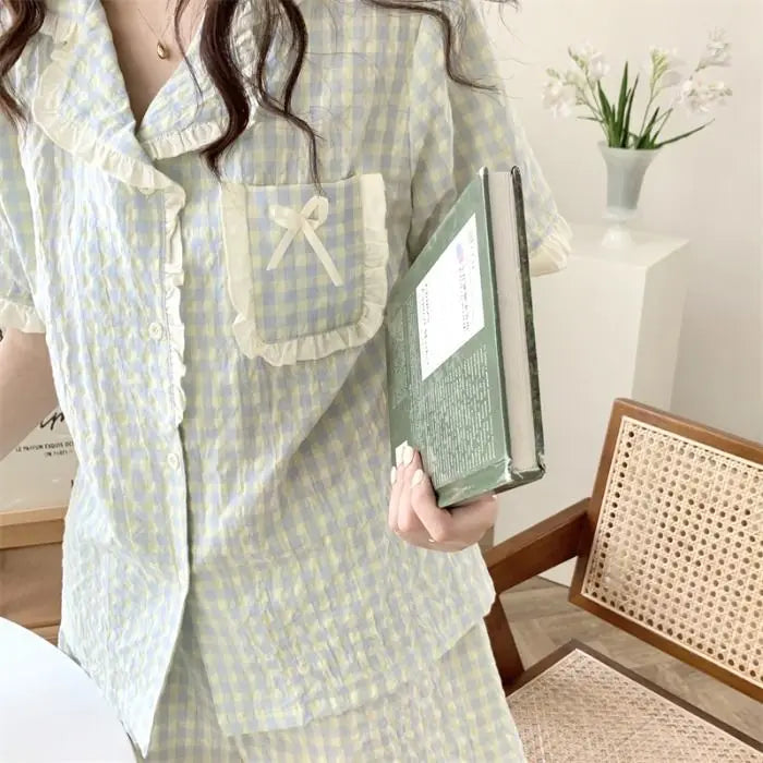 Plaid Summer Pajama Set – Short Sleeve Top & Shorts, Casual Homewear