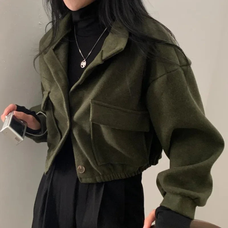 Solid Stand Collar Jacket – Vintage Loose Fit for Fall