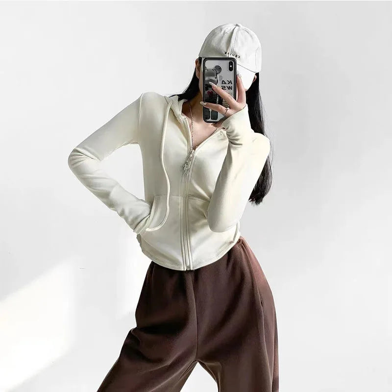 Zip-Up Hooded Knit Cardigan – Short Slim Fit for Fall