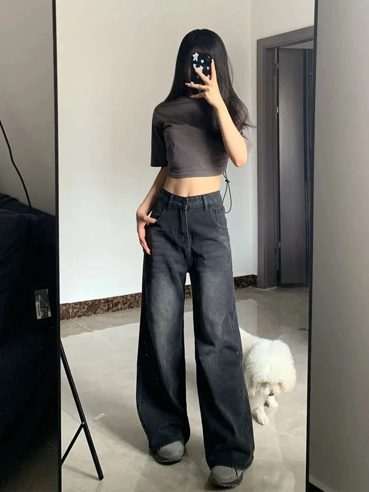 High Waist Slimming Pear-Shaped Loose Straight Bell Bottoms – Black/Gray Denim Trousers