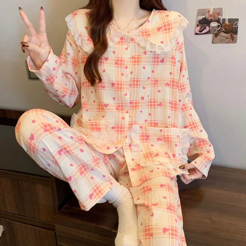 Cute Cherry Pajama Set – Long Sleeve Lapel Top & Pants, Cozy Loungewear