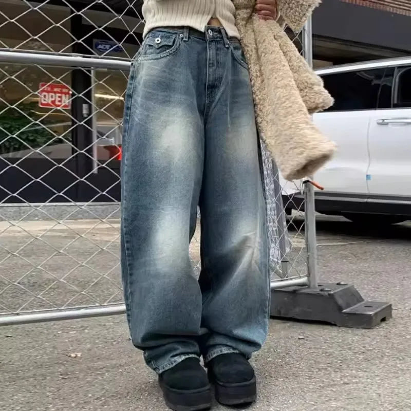 Retro Back Pocket High Waist Denim Pants – Casual Loose Fit