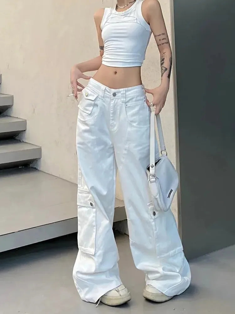 High Waist Wide Leg Cargo Jeans – Straight Casual Denim Trousers