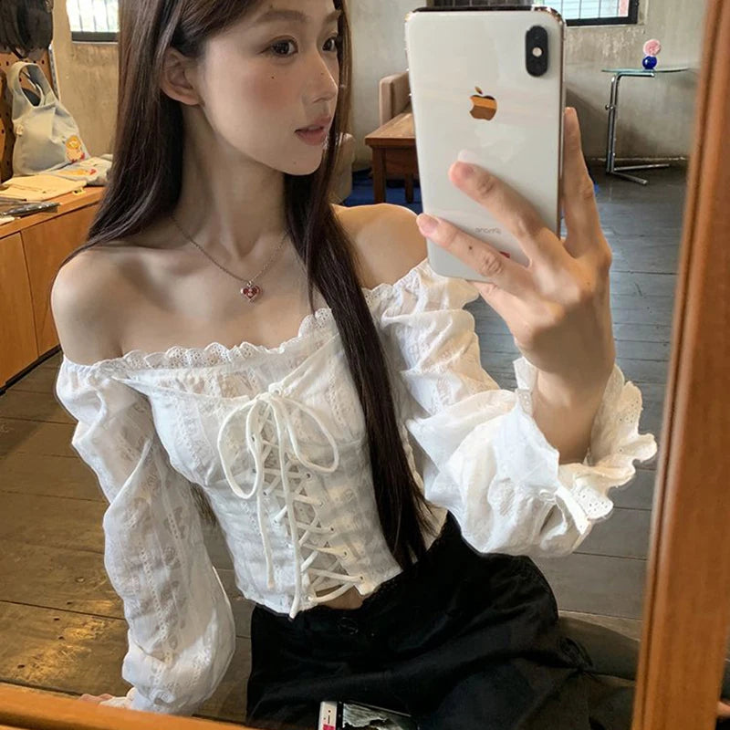 Off-Shoulder White Blouse – Lace Tie Closure