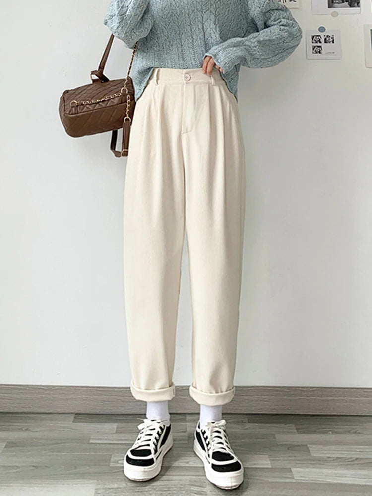 Elegant Retro Corduroy Pants – Simple Loose Straight Wide Leg