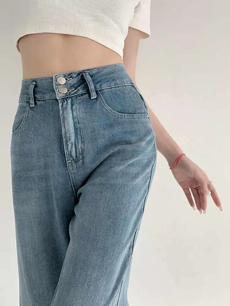 Blue Ice Silk Jeans – Thin Loose Wide Leg High Waist Denim