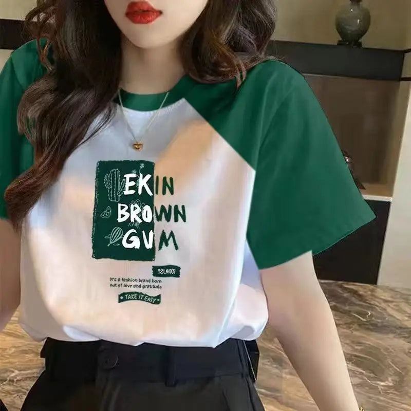 Color Block Letter Blouse – Short Sleeve O-Collar