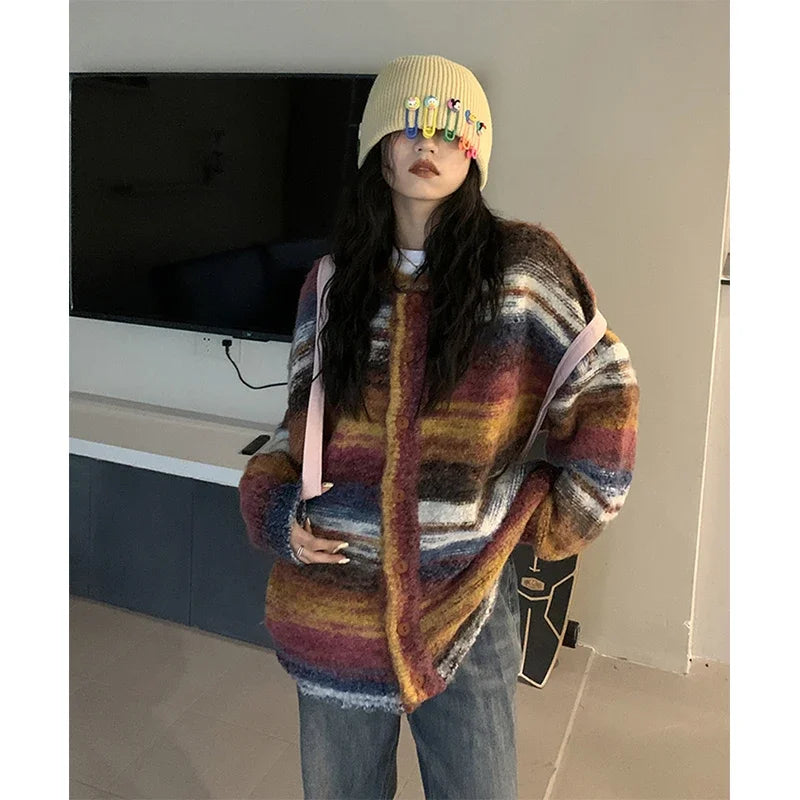 Vintage Striped Knit Cardigan – Patchwork Knit Streetwear