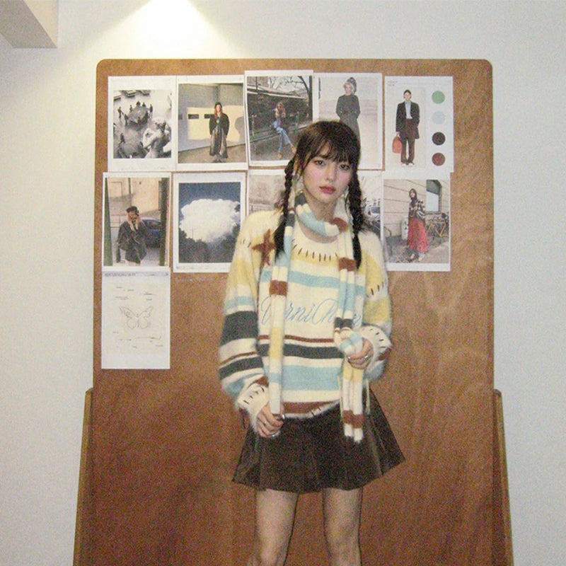 Striped Sweater with Scarf – Long Sleeve Knit Winter Jumper