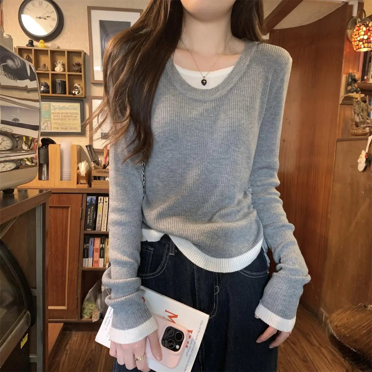 Patchwork Drawstring Lace-Up Sweater – Brown Long Sleeve Knit