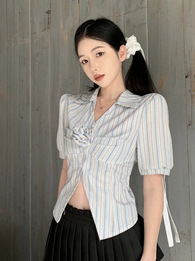 3D Floral Sweet Striped Blouse – Summer Vintage