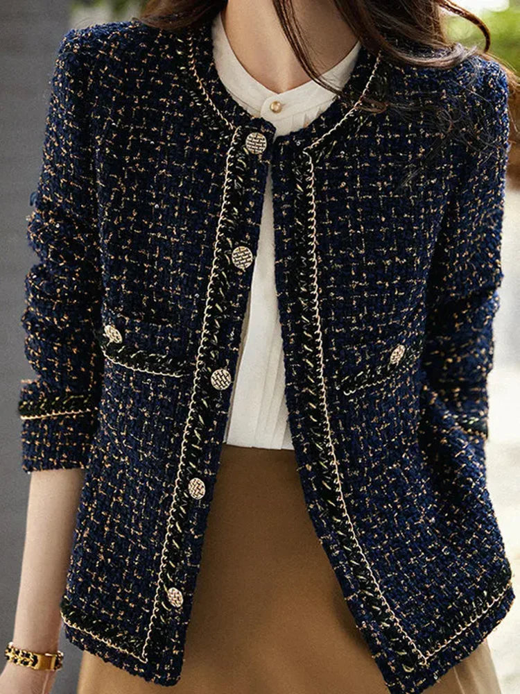 Tweed O-Neck Crop Jacket – Elegant Black Blazer