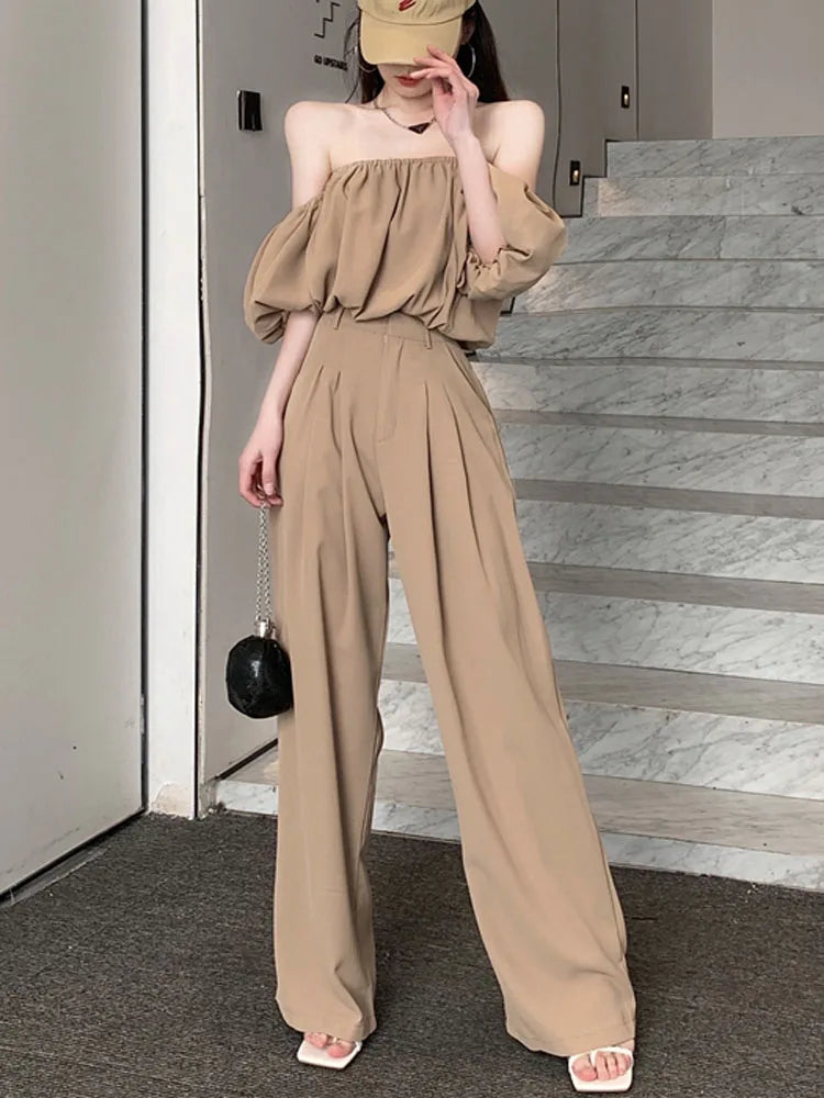 Two-Piece Set – Strapless Crop Top & Wide-Leg Pants, Summer Casual
