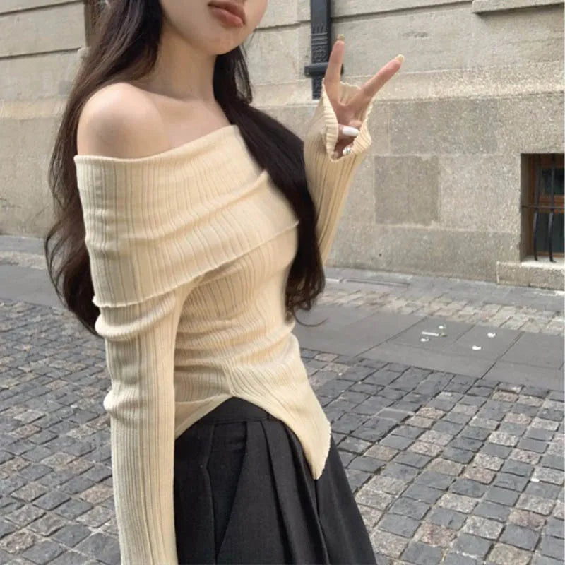 Split Irregular Off-Shoulder Top – Black Long Sleeve Sweater