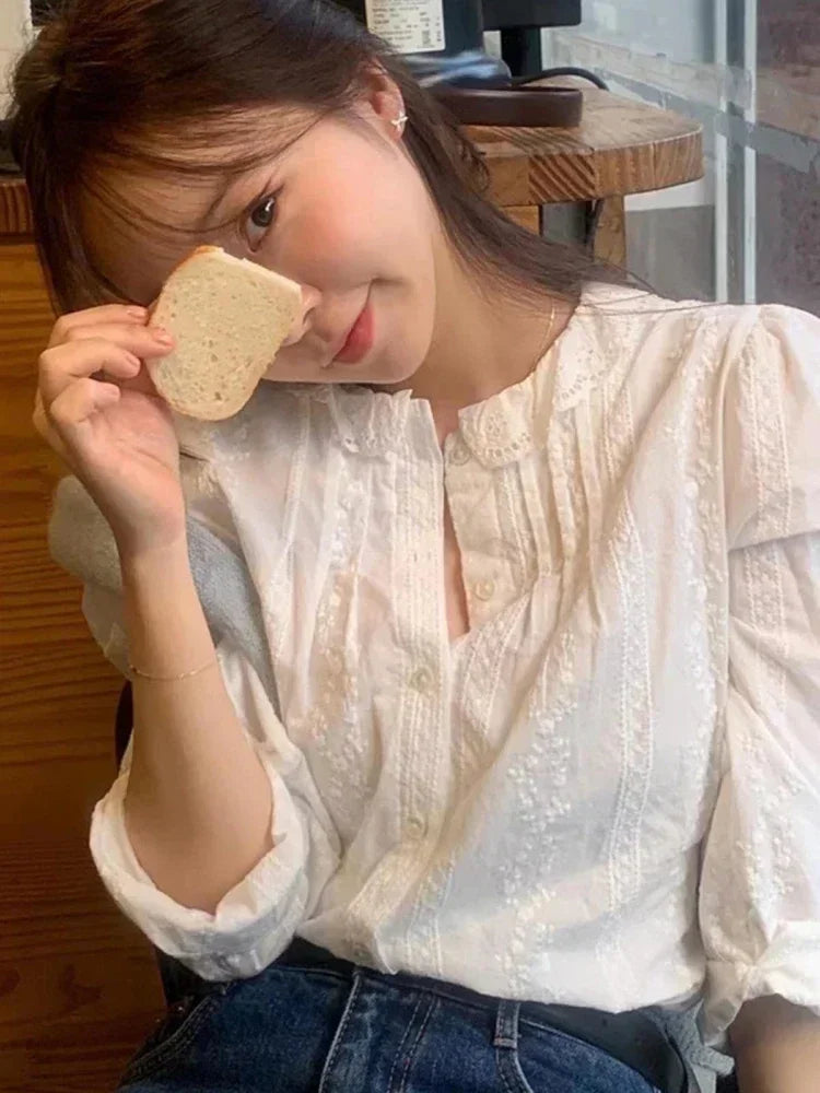 Lace Bubble Sleeve Shirt – Round Neck Spring Top