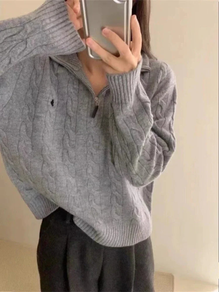 Vintage Knitted Pullover – Zipper Solid Sweater