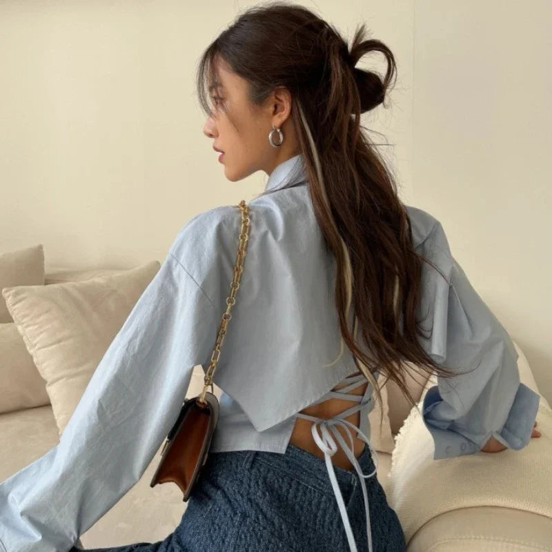 Long Sleeve Strapless Backless Blouse – Lace-Up Front