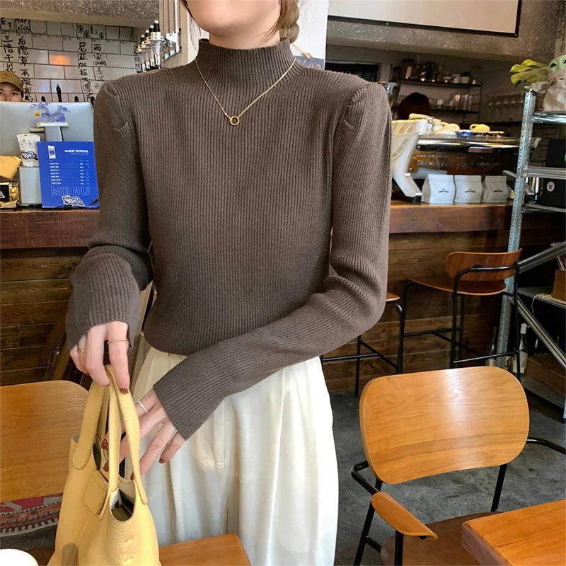 Puff Sleeve Knit Sweater – Half-High Collar, Loose Fit