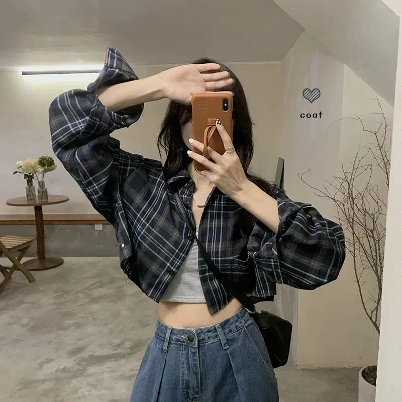 Crop Plaid Long Sleeve Shirt – Loose Fit