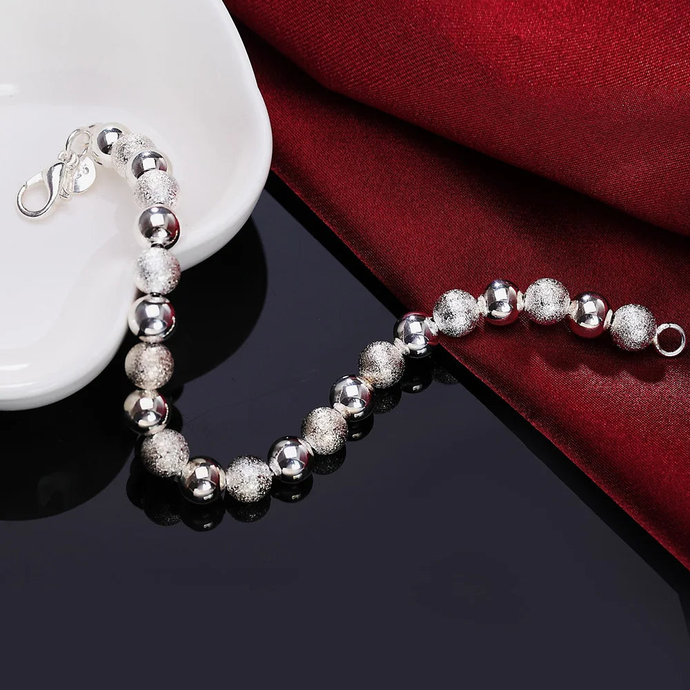 925 Sterling Silver 8MM Sanding Bright Bead Bracelet