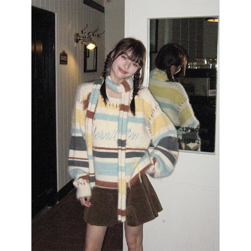 Striped Sweater with Scarf – Long Sleeve Knit Winter Jumper