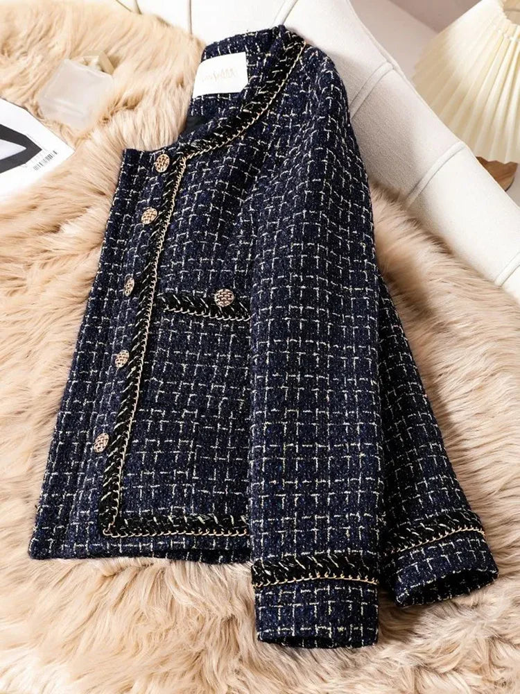 Tweed O-Neck Crop Jacket – Elegant Black Blazer