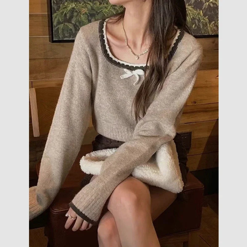 Long Sleeve Square Collar Knit Top – Cropped Fit